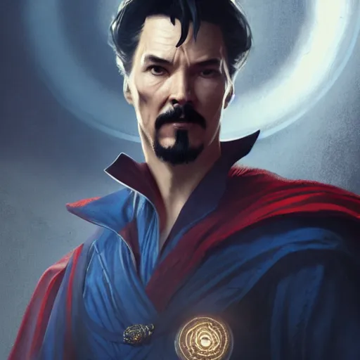 Image similar to dr strange, clean and clear face, full body, magical world, by greg rutkowski, sung choi, photo realistic, 8 k, cinematic lighting, hd, atmospheric, hyperdetailed, trending on artstation, devainart, digital painting, glow effect