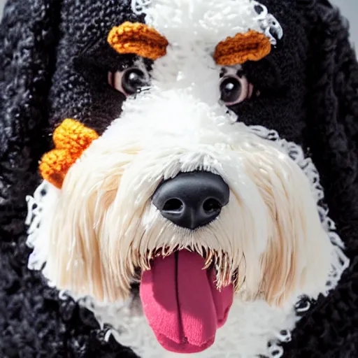 Image similar to a closeup photorealistic photograph of a cute smiling knitted bernedoodle judge dog dressed in a black gown, presiding over the courthouse. indoors, professional capture, well lit shot. this 4 k hd image is trending on artstation, featured on behance, well - rendered, extra crisp, features intricate detail, epic composition and the style of unreal engine.