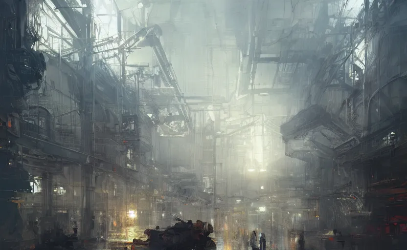 Prompt: Industrial complex, intricate, elegant, volumetric lighting, digital painting, highly detailed, artstation, sharp focus, illustration, concept art, ruan jia, steve mccurry