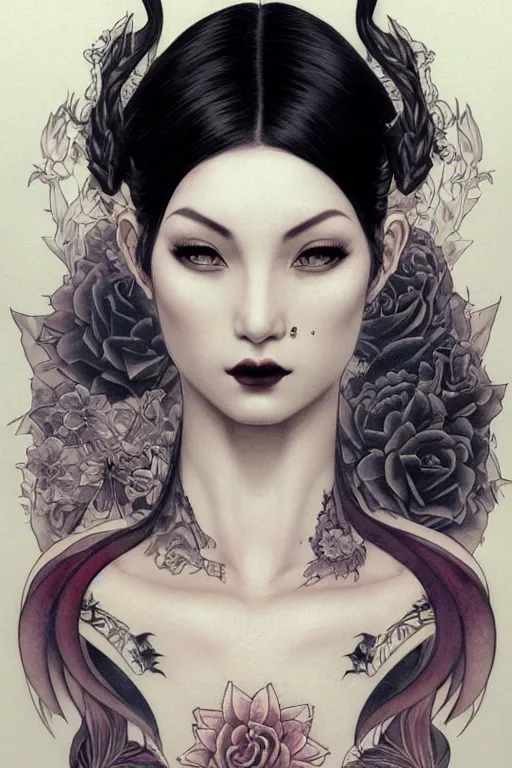 Image similar to goth yakuza girl tattoos, intricate, elegant, highly detailed, digital painting, artstation, concept art, smooth, sharp focus, illustration, art by artgerm and greg rutkowski and alphonse mucha and william-adolphe bouguereau