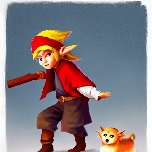 Prompt: little boy character inspired in little hood red and link from legend of zelda, digital artwork made by lois van barlee and rhads