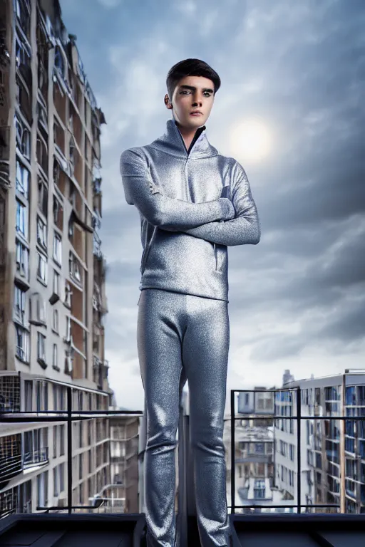 Image similar to un ultra high definition studio quality photographic art portrait of a young man standing on the rooftop of a british apartment building wearing soft padded silver pearlescent clothing. three point light. extremely detailed. golden ratio, ray tracing, volumetric light, shallow depth of field. set dressed.