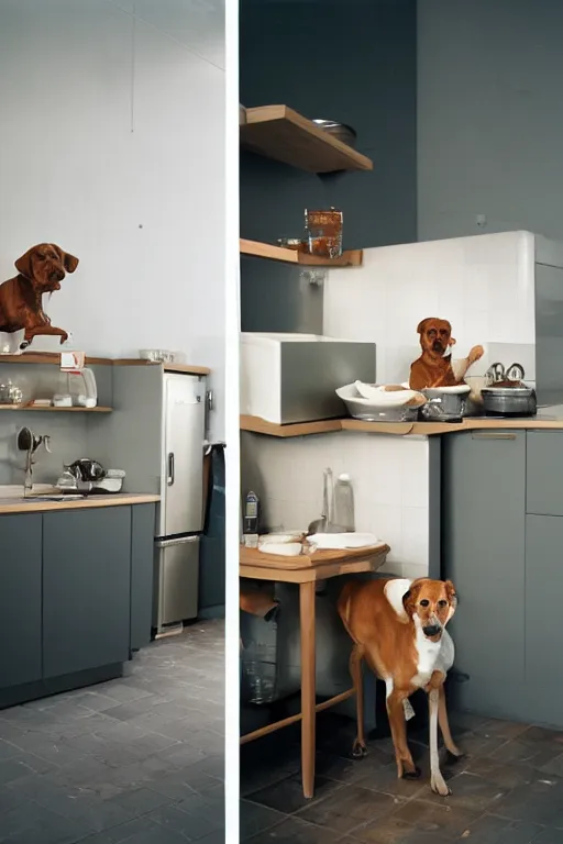 Image similar to Medium Format Portrait Photo of a modern kitchen with a toilet in the middle of the room. A dog is cooking breakfast. award winning, highly detailed, depth of field, Cinestill 800t, wide shot, photo print.