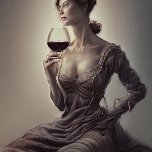 Prompt: an insanely detailed portrait of a beautiful woman facing you, highly detailed, dark brown eyes, long eyelashes, she is biting her bottom lip and sitting on a large sofa, she holds a glass of wine, in the style of peter mohrbacher, artgerm, dramatic lighting and composition, octane render, trending on artstation, concept art 8 k