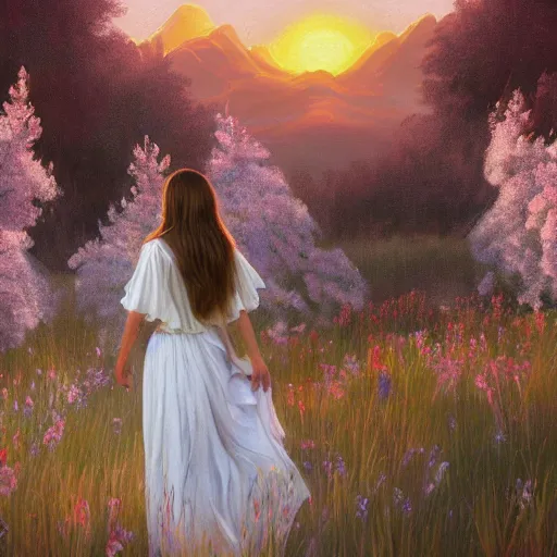 Prompt: oil painting portrait of a family one with long flowing hair in a white dress, dancing through a field of flowers at sunset with mountains in the background, hazy, chiaroscuro, artstation, cinematic, golden hour, digital art painting by diego velasquez and michelangelo hazy atmosphere, flowers, cinematic lighting