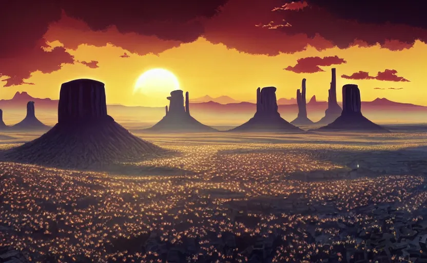 Image similar to a hyperrealist cell - shaded cartoon movie still from howl's moving castle ( 2 0 0 4 ) of a huge blimp city floating in a flooded monument valley. stonehenge is seen in the background with shafts of sunlight from above. very dull muted colors, hd, 4 k, hq