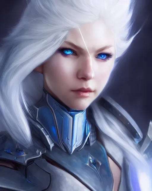 Prompt: perfect white haired girl, warframe armor, beautiful, pretty face, blue eyes, detailed, windy weather, scifi, platform, laboratory, experiment, 4 k, ultra realistic, epic lighting, high detail, masterpiece, by akihito tsukushi, charlie bowater, ross tran