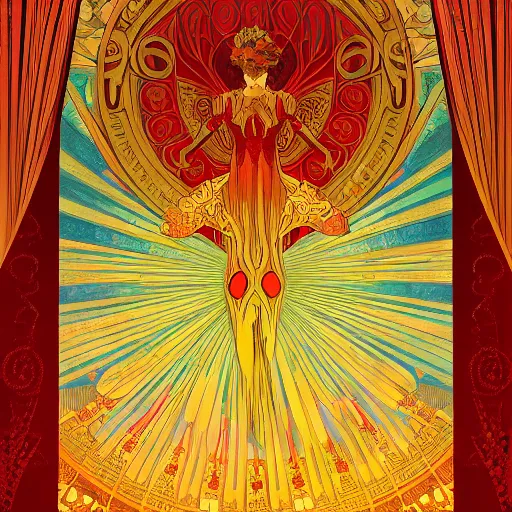 Prompt: background art of flowing theatre red curtains, centered radial design, gold art nouveau graphic elements, painting by mucha, beautiful lighting, anime, studio ghibli, norman rockwell, trending on artstation