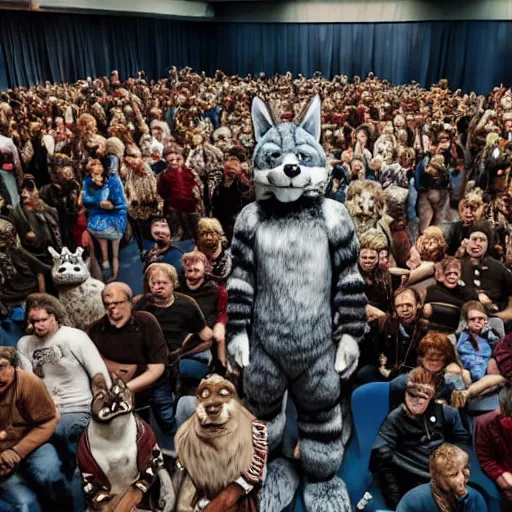 Image similar to a film still of a convention full of furries and fursuiters, directed by andrei tarkovski, cinematic