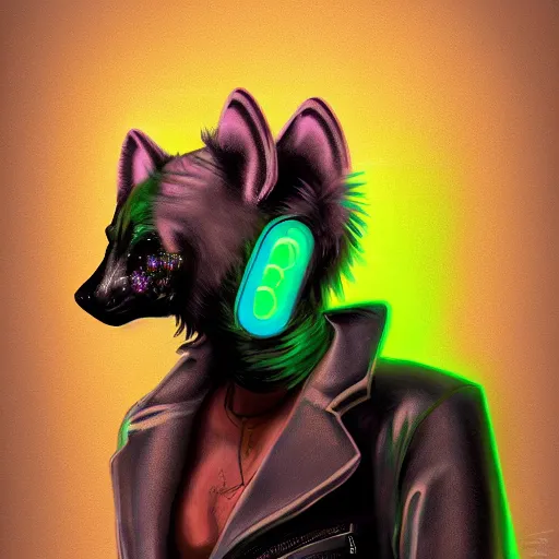 Image similar to digital painting of anthromorphic hyena female smoking cigarrete in cyberpunk style, fursona, furry fandom, neon rainy cyberpunk setting, anthro, wearing cyberpunk leather jacket, detailed face,
