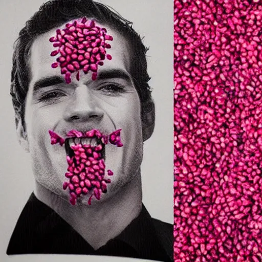 Image similar to dragonfruit portrait of henry cavill, made of dragonfruit seeds, inside a dragonfruit