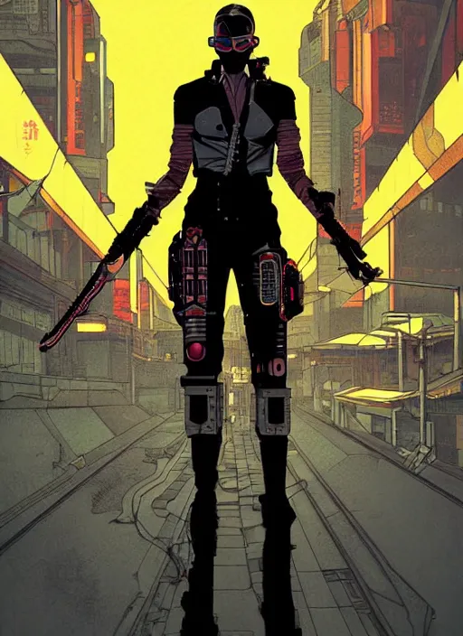 Prompt: cyberpunk cartel katana hitman with scenic background. portrait illustration, pop art, art by ashley wood, alphonse mucha, laurie greasley and josan gonzalez. cinematic. dynamic lighting. realistic proportions. creative design. cell shading