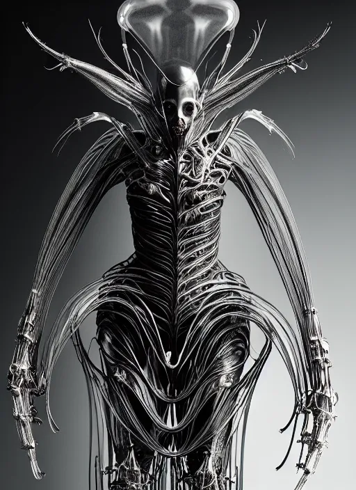 Image similar to iris van herpen gothic inflateble dark dress, perfect symmetrical body, helmet on face, full body shot, alien, plant predator, guyver, giger, wires, tubes, veins, jellyfish, white biomechanical details, wearing epic bionic cyborg implants, masterpiece, intricate, biopunk, vogue, highly detailed, artstation, concept art