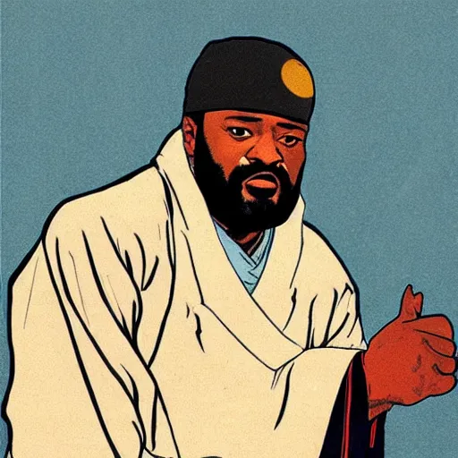 Prompt: Ghostface Killah rapping, portrait, style of ancient text, hokusai