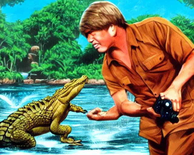 Prompt: steve irwin with dingo and crocodile and bruce lee, waterfall background, epic colorful hyper detailed cinematic still