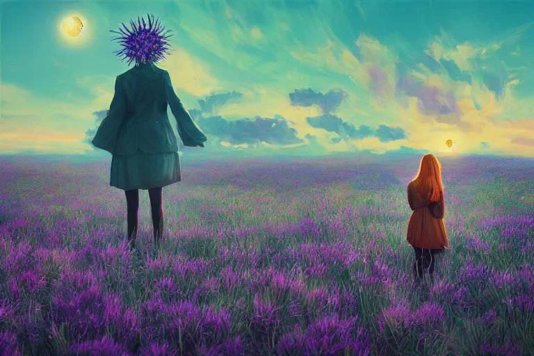 Image similar to giant thistle flower under head, a girl in a suit in field of flowers, surreal photography, sunrise, blue sky, dramatic light, impressionist painting, digital painting, artstation, simon stalenhag