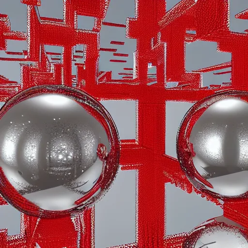 Prompt: chrome spheres on a red cube by akira yokoyama