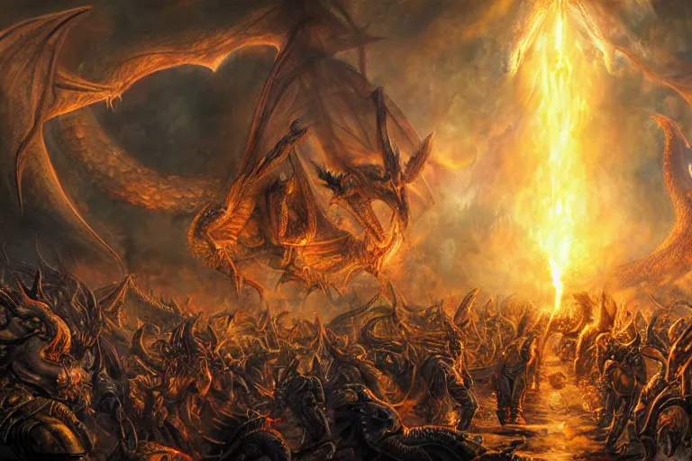 Prompt: ultra realist soft painting of a thousand warriors facing a single gigantic dragon breathing fire, very intricate details, golden ratio, volumetric rainbow lighting, reflections, refractions, symmetry accurate anatomy features, fantasy war scene background, unreal render, Boris Vallejo artstyle