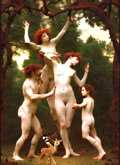 Prompt: photo of a pagan nymps dancing with fawns having a profound lifechanging psychedelic experience in a deep thorns bones bloody forest , by william-adolphe bouguereau and Austin Osman Spare and Takato Yamamoto, high resolution, rendered in octane 3d