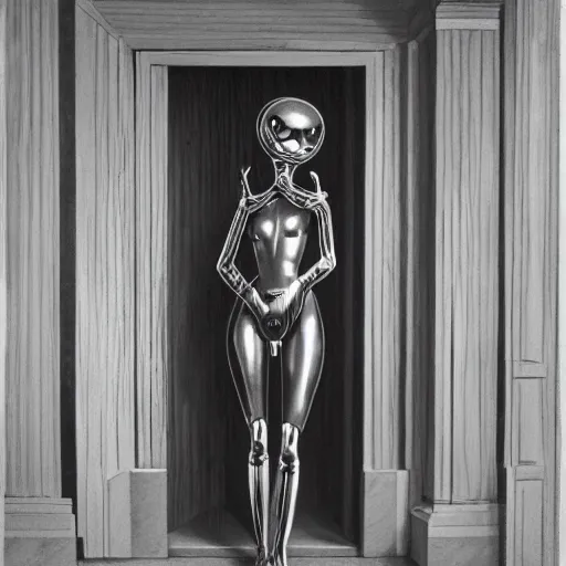 Image similar to stunning gorgeous gynoid in the doorway, photorealistic, highly detailed,