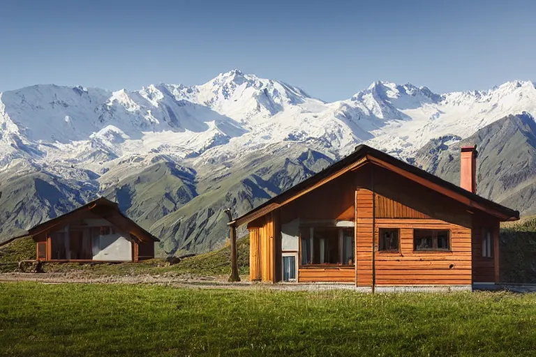 Prompt: architecture photo modern fachwerk house cottage settlement with Elbrus mountain on the background, architecture, photorealism 8k , high details