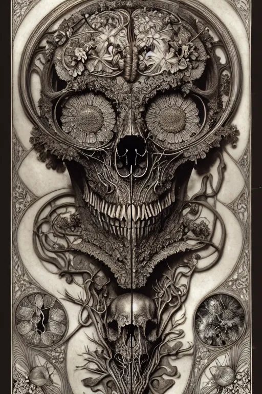 Image similar to art forms of nature by ernst haeckel, memento mori by arthur rackham, ornate antique porcelain beautiful skull mask, ultrasharp, photorealistic, hyperdetailed, octane render, polished, art nouveau, neo - gothic, gothic, intricate ornamental organic filigree, art nouveau botanicals, art forms of nature by ernst haeckel, horizontal symmetry, symbolist, visionary