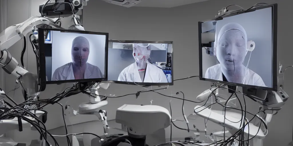 Prompt: on video monitors a face transplant in an operating room with robotic surgeons with a lot of wires rs , photorealistic,by Wlop,4k resolution