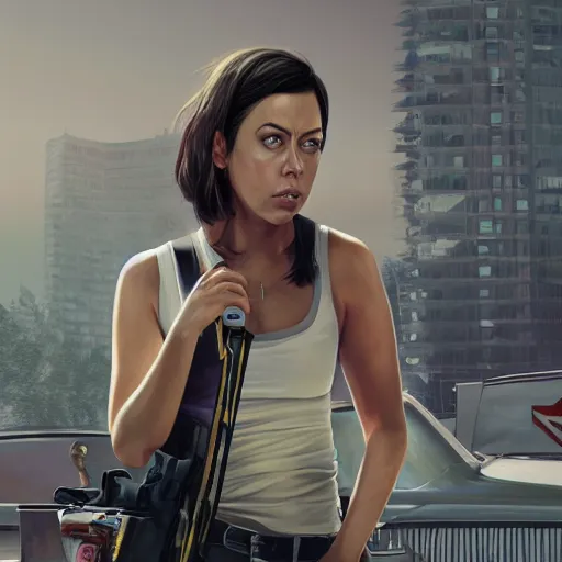 Image similar to screenshot of aubrey plaza in gta v, realistic painting, high definition, digital art, matte painting, very detailed, concept art, pixiv, deviantart, artstation, illustration, realistic