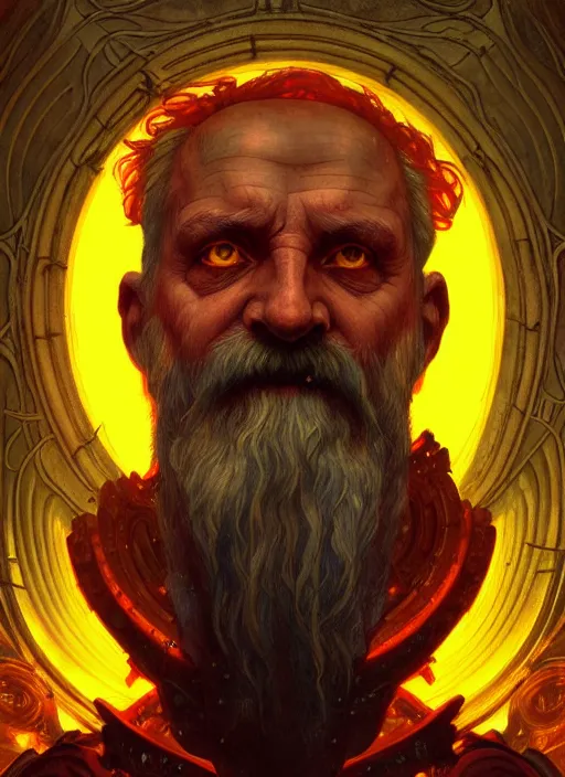 Image similar to the god hephaestus, old man, fiery hair, glowing eyes, volumetric lights, yellow and red scheme, art nouveau botanicals, gothic, intricate, highly detailed, digital painting, artstation, concept art, smooth, sharp focus, symmetric face, illustration, steampunk, art by artgerm and greg rutkowski and alphonse mucha