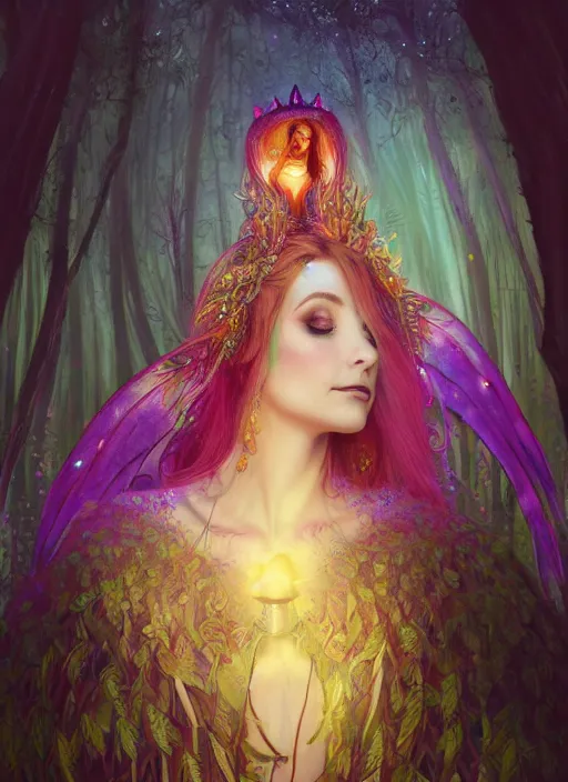 Image similar to stunningly beautiful female faerie priestess in amanita muscaria forest landscape, symmetrical wings on back, neon hair, fantasy art, wearing a dress of gossamer gold, dark light night, sharp focus, digital painting, 4 k, concept art, art by wlop, greg rutkowski and alphonse mucha, brom, face by otto schmidt