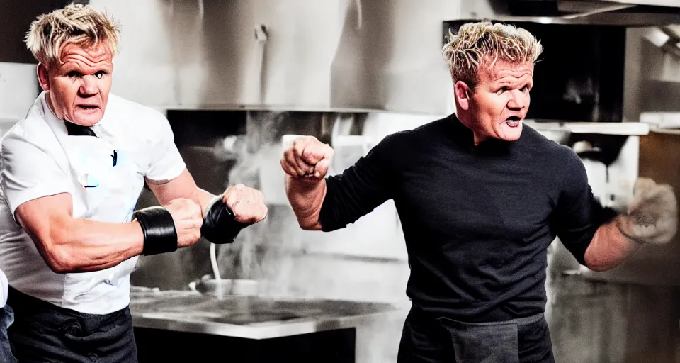 Image similar to photo of angry furious Gordon Ramsay punching Gordon Ramsay at the kitchen