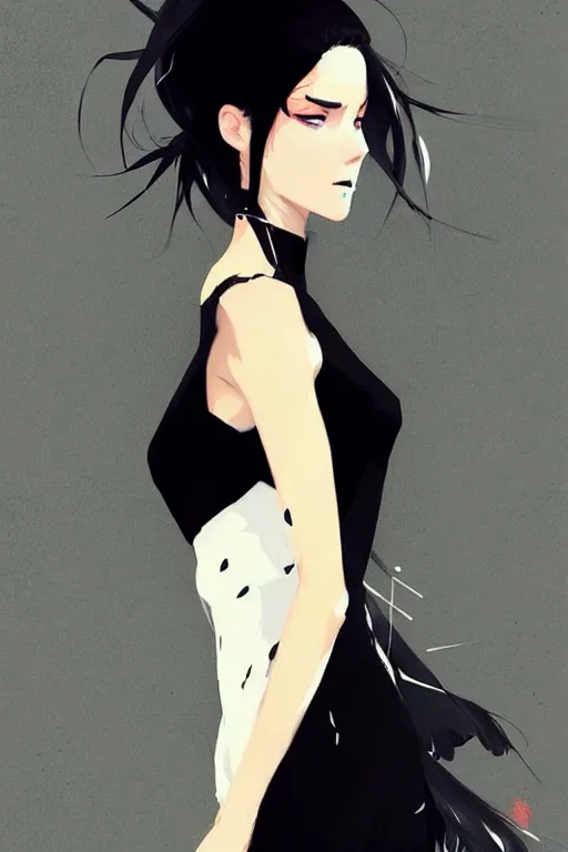 Image similar to a ultradetailed beautiful panting of a stylish woman wearing a black dress, by conrad roset, greg rutkowski and makoto shinkai, trending on artstation