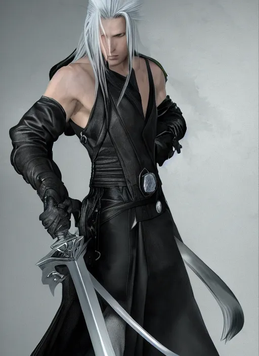 Prompt: sephiroth from final fantasy posing for art, beautiful, sharp detail, realistically detailed shading, 8 k, hyper realistic art, photo realism, robin eley, artstation, hyper realistic oil painting