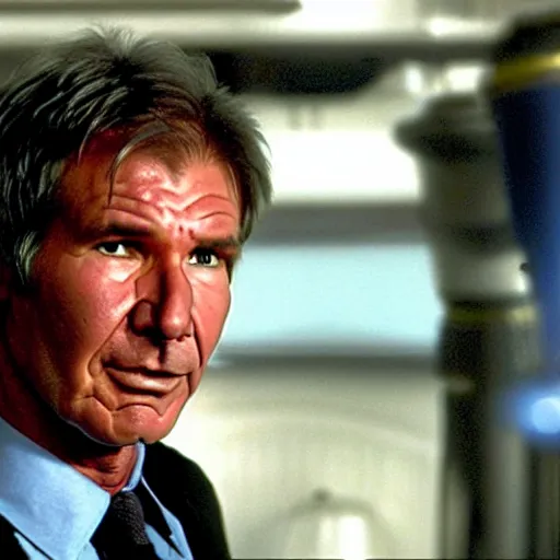 Image similar to A still of Harrison Ford in the new Battlestar Galactica (2003), wearing a very dark blue uniform, pointing angrily at Saul Tigh