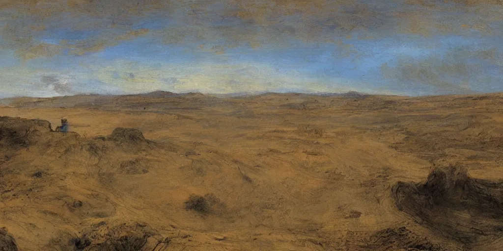 Prompt: hyper detailed painting of with thousands of tiny pumpjacksblue covering expansive empty parched hilly plains, by francisco goya and rembrandt
