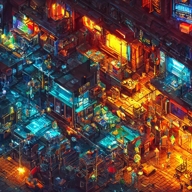 Image similar to fantastic lighting, pixel art, high detail, cyberpunk market, 2 d