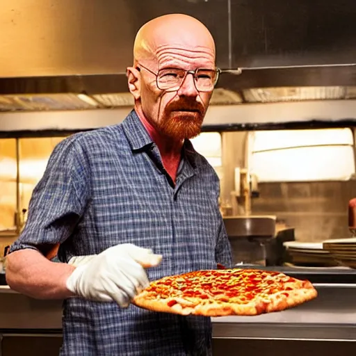 Image similar to Walter white running a pizza restaurant