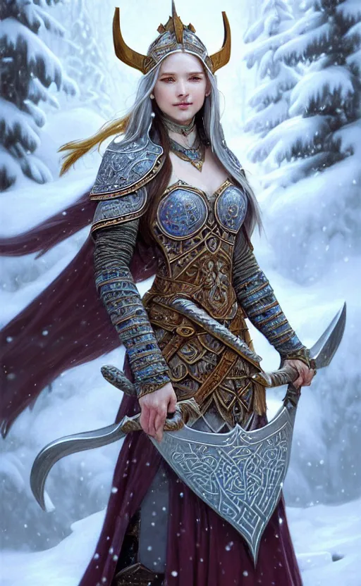 Image similar to opal viking warrior, regal, elegant, winter, snow, beautiful, stunning, hd, illustration, epic, d & d, fantasy, intricate, elegant, highly detailed, wide angle, digital painting, artstation, concept art, smooth, sharp focus, illustration, wallpaper, art by artgerm and greg rutkowski and alphonse mucha and jin xiaodi