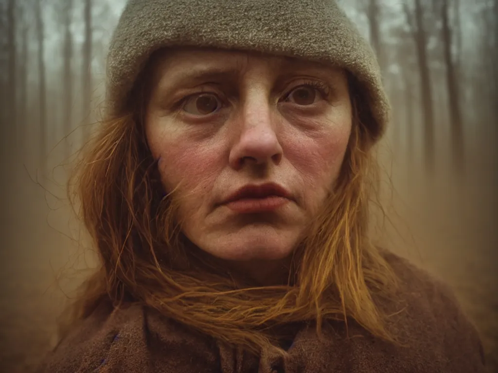 Image similar to close up portrait bust of woman, solemn expression, faded color film, russian cinema, tarkovsky, kodachrome, heavy forest, wood cabin in distance, shallow depth of field, long brown hair, old clothing, heavy fog, atmospheric haze, brown color palette, sunset, low light, hudson river school, 4 k, dramatic lighting