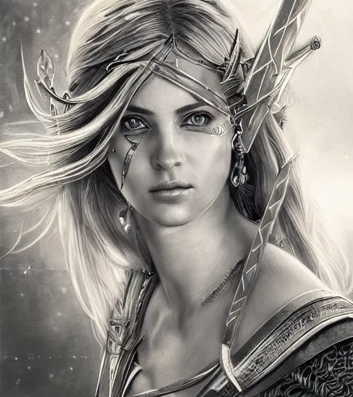 Image similar to portrait of very beautiful aphrodite goddess as an archer, arrow on the head, beautiful piercing eyes, flowing blonde hair, realistic face, black and white drawing, in the style of greg rutkowski, fantasy, amazing detail, epic, intricate, elegant, smooth, sharp focus