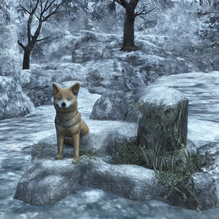 Image similar to an ancient and weathered stone shiba inu statue beside a frozen stream, underneath a nordic arch, skyrim pc screenshot