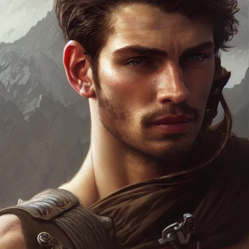 Prompt: portrait of a rugged ranger, handsome, upper body, muscular, 20 years old, D&D, fantasy, intricate, elegant, highly detailed, digital painting, artstation, concept art, matte, sharp focus, illustration, art by Artgerm and Greg Rutkowski and Alphonse Mucha