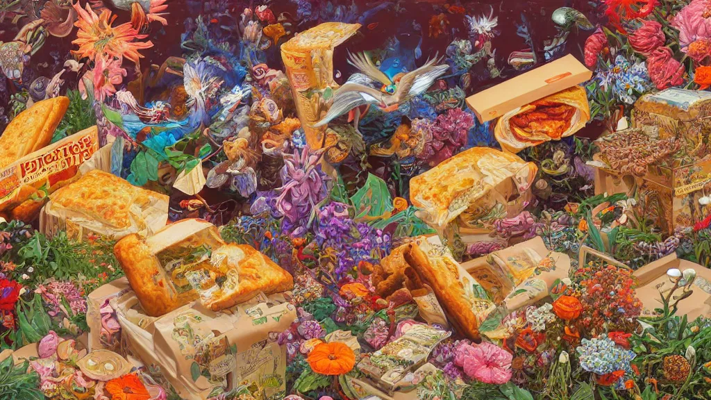 Image similar to highly detailed oil painting of a box of hot pockets surrounded by all the known species of flowers by olaf hayek, by moebius, by oliver vernon, by joseph moncada, by damon soule, by manabu ikeda, by kyle hotz, by dan mumford, by kilian eng