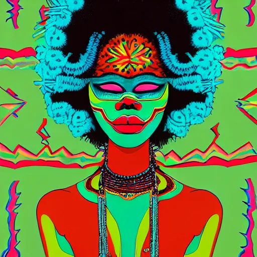 Image similar to Georgia Anne Muldrow, VWETO II, album art, 1970s, turquoise, side portrait, tribal mask inside mask, animalia, afro-psychedelia, afrocentric mysticism, in the style of Harumi Hironaka