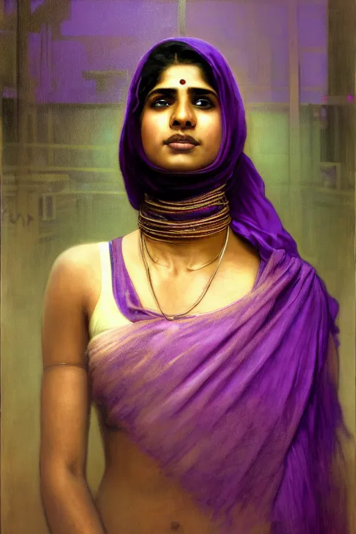 Prompt: hyperrealist portrait of a young indian american woman wearing a purple niqab, it is decorated with long wires and computer monitors are all over their body within the cyberpunk office background. by jeremy mann and alphonse mucha, fantasy art, photo realistic, dynamic lighting, artstation, poster, volumetric lighting, very detailed faces, 8 k, award winning