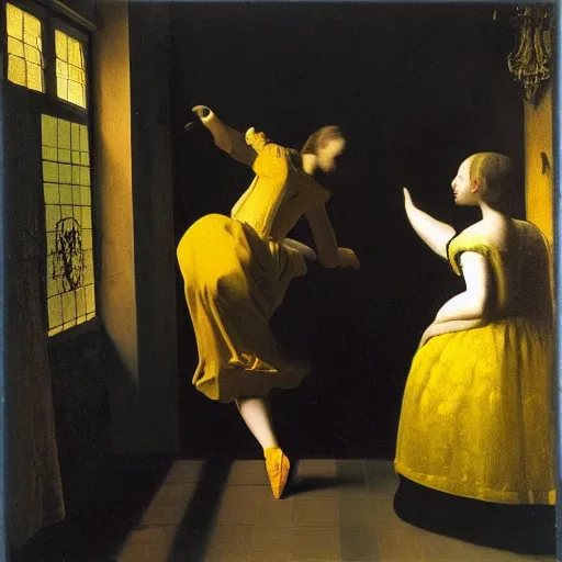 Prompt: A flash photo of a dancer in a London nightclub, by Johannes Vermeer