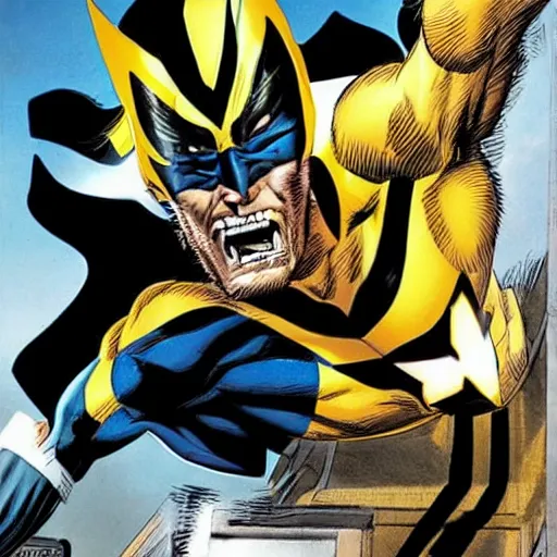 Image similar to Clint Eastwood as Wolverine, with yellow black mask from xmen comic books, jumping from a building angry face, hyper realistic, high detail skin