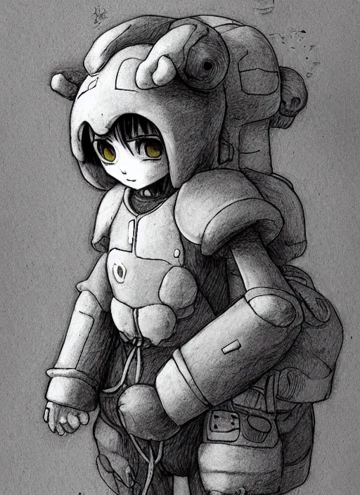 Image similar to beautiful little boy wearing an cyborg bear suit, artwork in kentaro miura and made in abyss and rosdraws, smooth, beautiful lightness, anatomically correct, trending on pixiv, forest