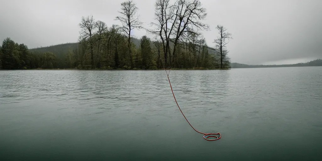 Prompt: symmetrical color photograph of an infinitely long rope submerged on the surface of the water, the rope is snaking from the foreground towards the center of the lake, a dark lake on a cloudy day, trees in the background, moody scene, anamorphic lens