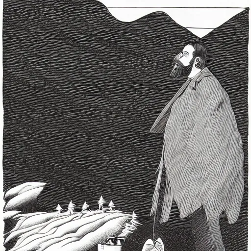 Image similar to a black and white cross - hatching edward gorey illustration of a man in old fashioned clothes waits by the side of the dark and lonely mountain road with his suitcase, stormy night time in the mountains highly detailed in the style of edward gorey, artgerm, 8 k resolution - c 5